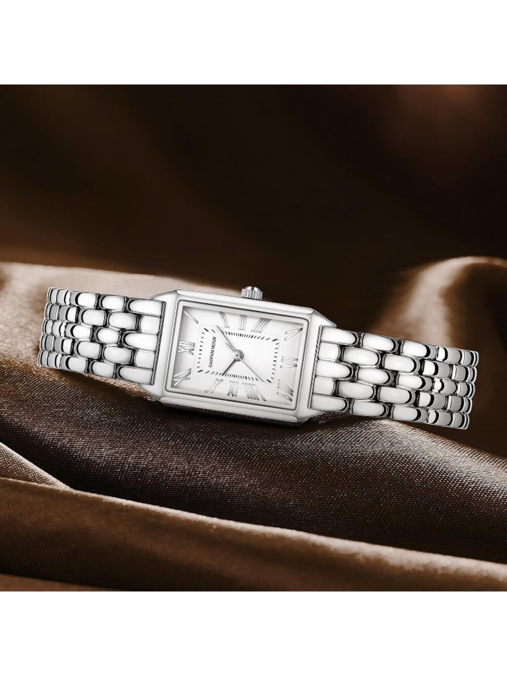 Women's White Silver Vintage Rectangular Case Stainless Steel Band Wrist Watches - Picture 5 of 6